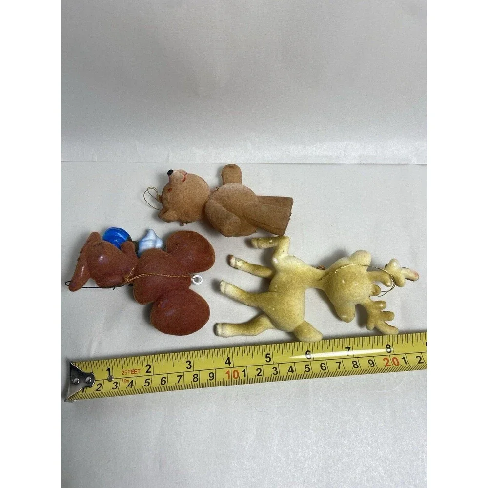 Vintage Christmas Ornament Lot 5 Flocked Plastic Santa Elf Deer Bear Blow Mold